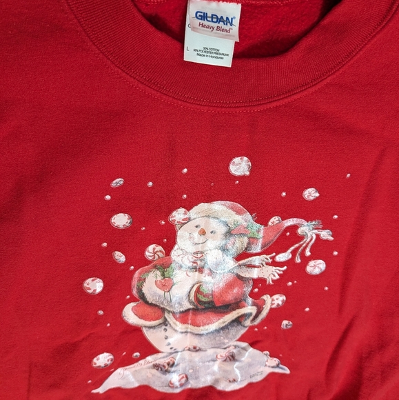 Christmas Sweatshirt VINTAGE 90's Snowman Red Gildan Size Large - Picture 4 of 4